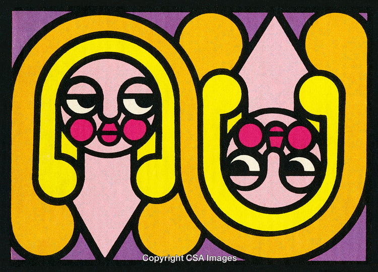 Abstract Vibrant Pop Art Illustration Featuring Symmetrical Faces and Bold Colors