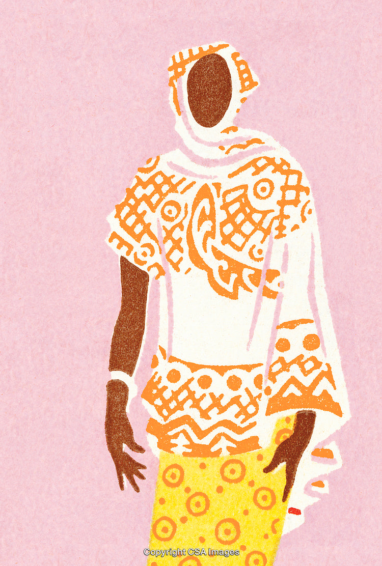 Stylized Illustration of Woman Wearing Cultural Clothing With Decorative Patterns