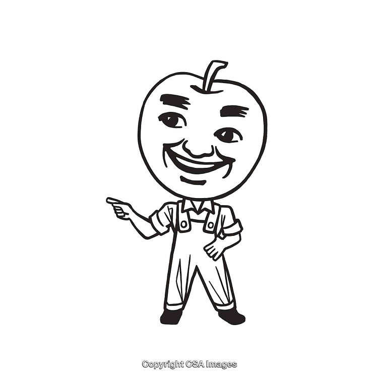 Black and White Line Art of Smiling Apple Character in Overalls