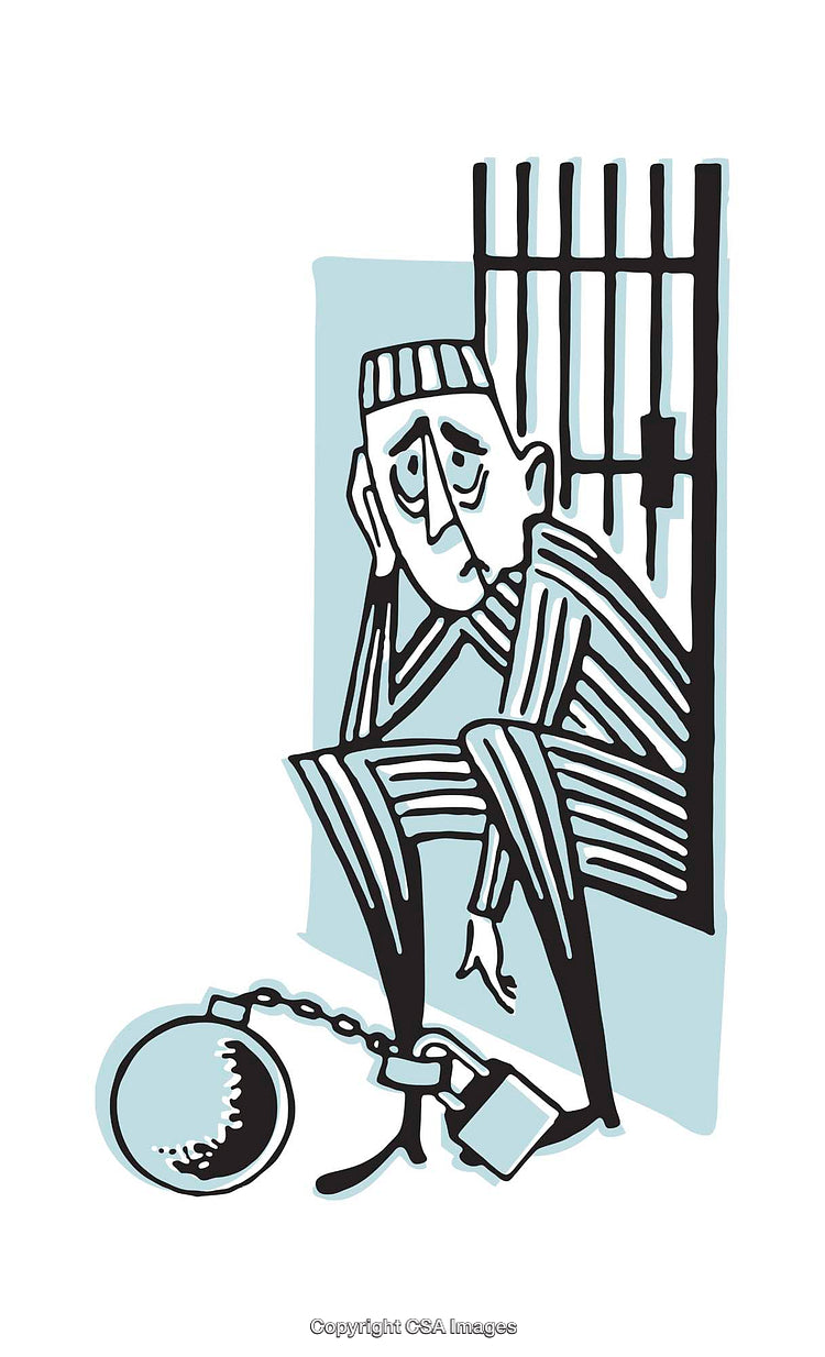 Illustration of a Sad Prisoner with Shackle in a Jail Cell