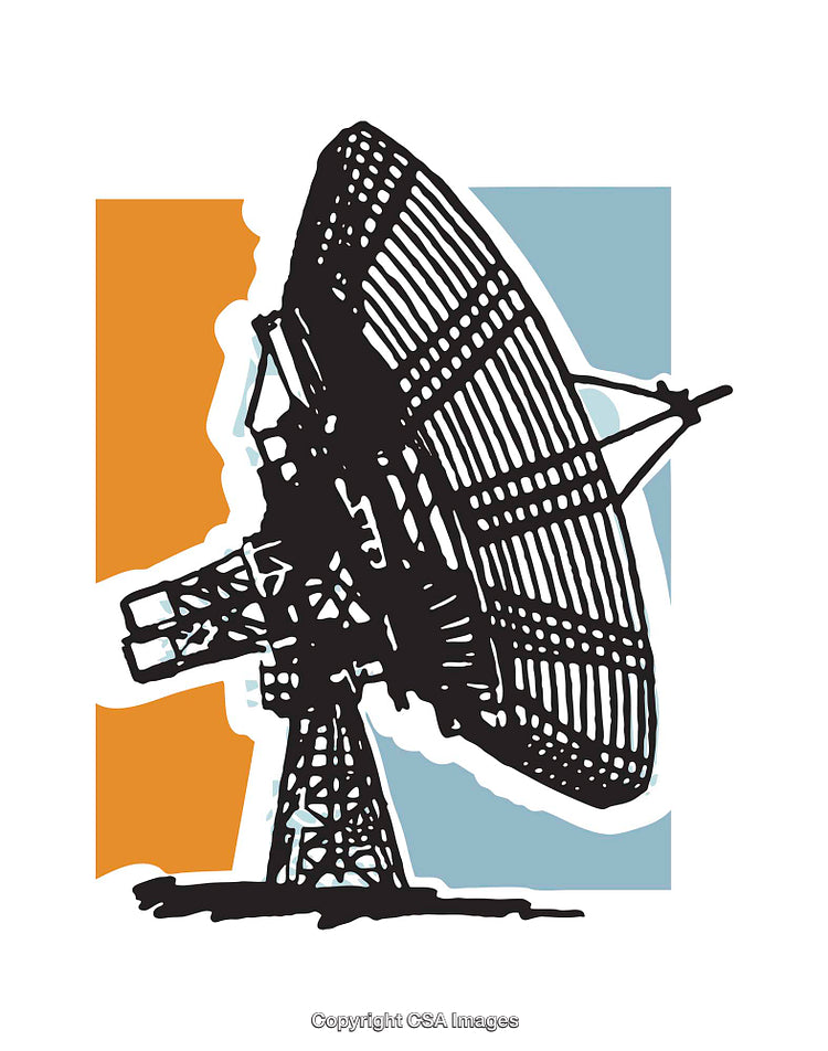 Stylized Illustration of a Radio Telescope Against Color Blocks