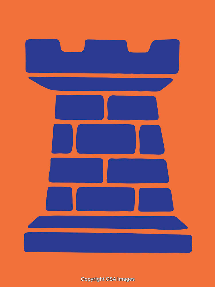 Abstract Blue Castle Rook Illustration on Vibrant Orange Background