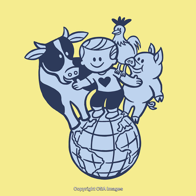Cartoon Drawing of Child and Animals Standing on Earth Yellow Background