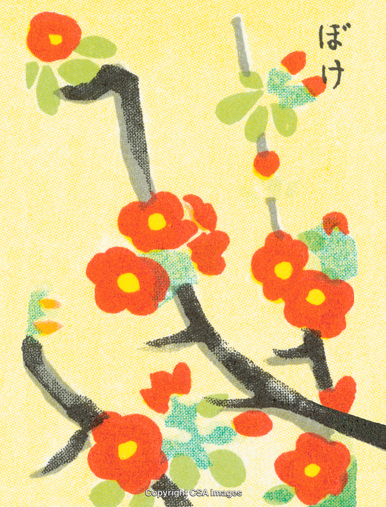 Artistic Illustration of Red Blossoms on Branch Against Yellow Background