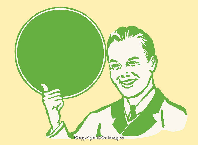 Vintage Style Illustration of a Smiling Businessman Holding a Green Circle