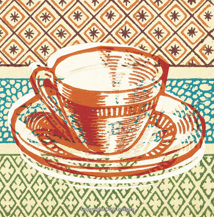 Vintage-Inspired Coffee Cup Artwork With Geometric Patterns and Bold Colors