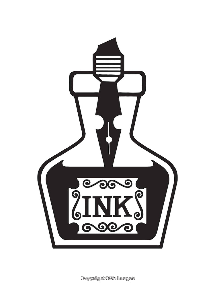 Black and White Ink Bottle Illustration with Pen Nib Design