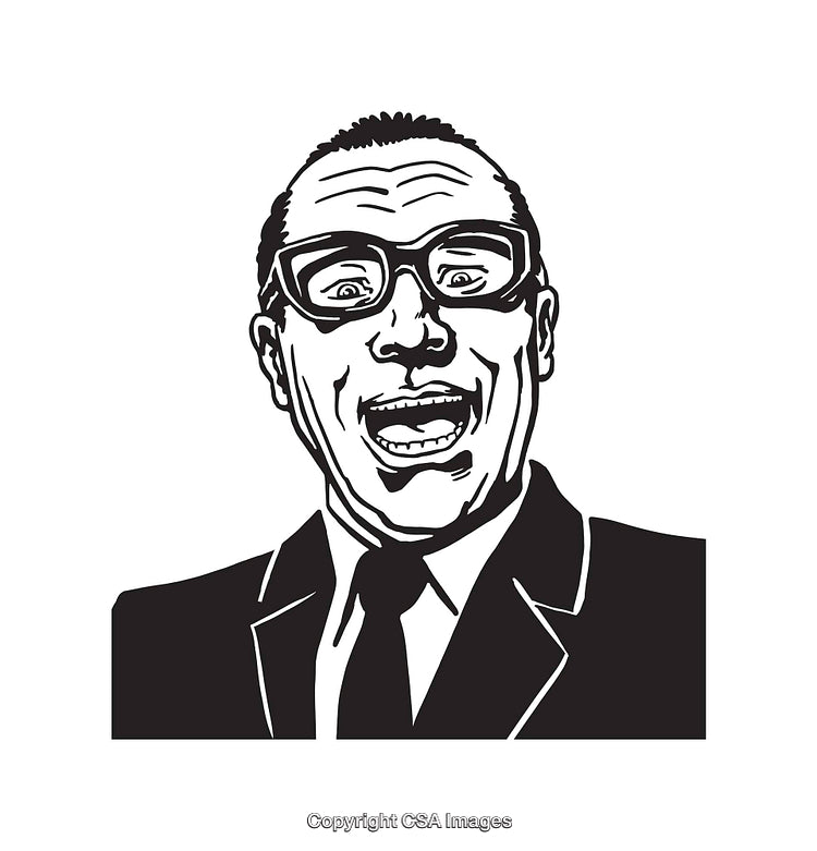 Black and White Illustration of a Businessman Expressing Excitement in Retro Style