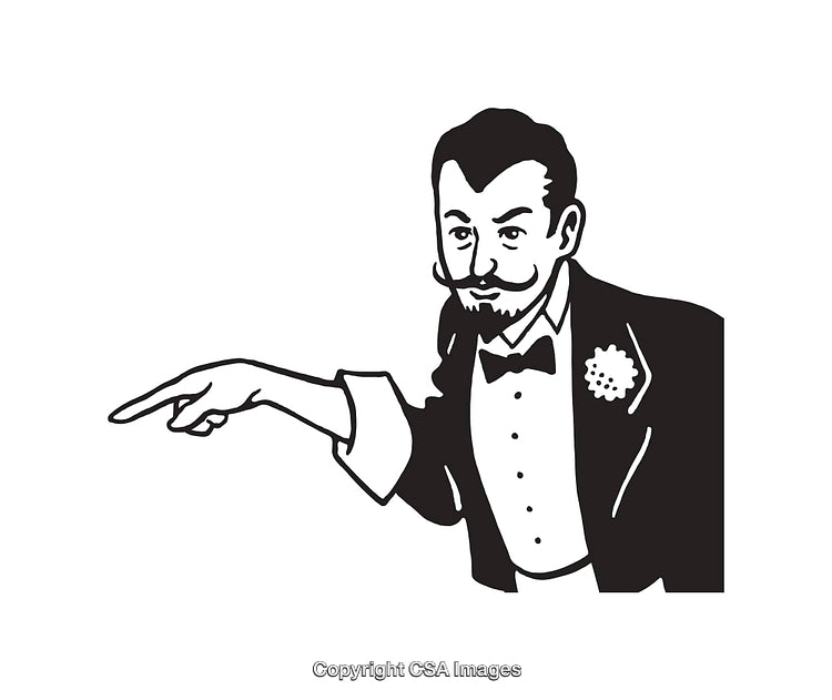 Elegant Man Pointing in Black and White Line Art Illustration