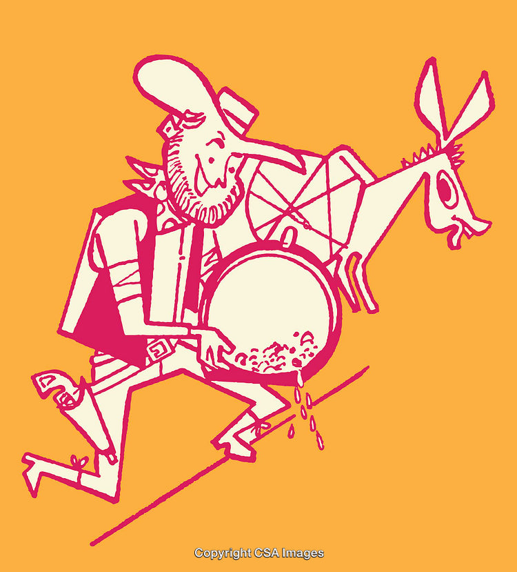 Cartoon Prospector With Donkey in Adventure Scene on Bright Background