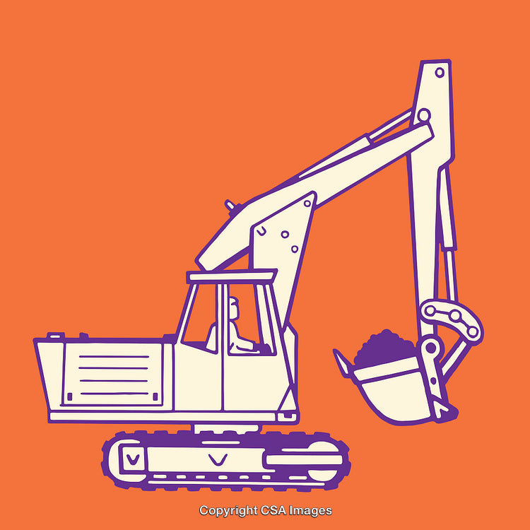 Bright Line Art Illustration of Excavator Machinery on Orange Background