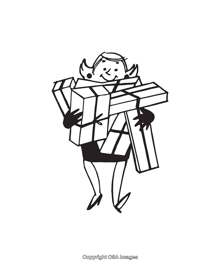 Illustration of a Woman Carrying Multiple Gift Boxes