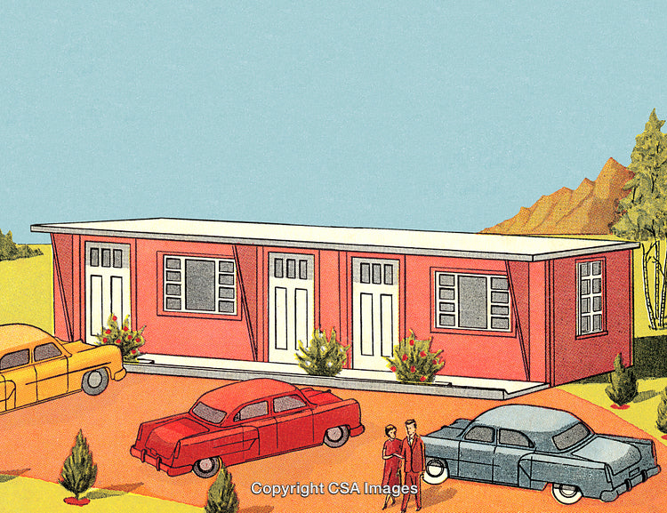 Vintage Illustration of a Mid-Century Suburban Home With Classic Cars