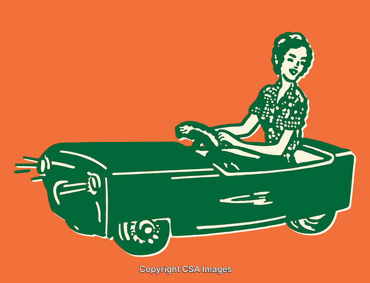 Retro-Inspired Color Line Art of a Woman Driving a Classic Car