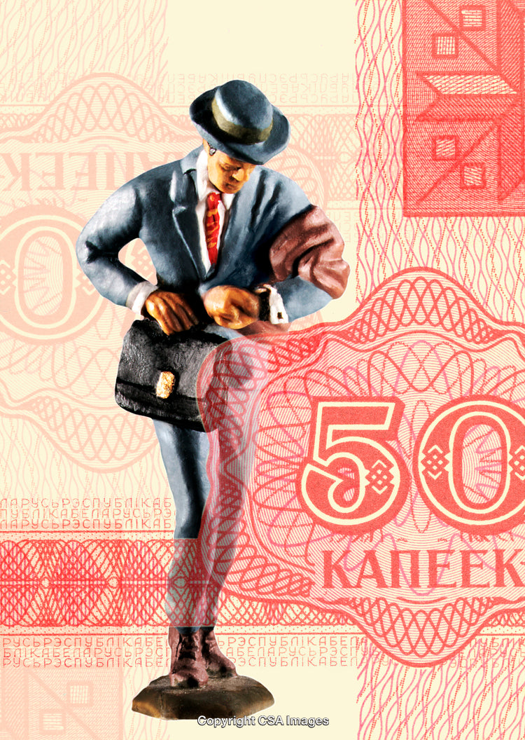 Model Depicting a Figurine with Briefcase on Artistic Currency Background