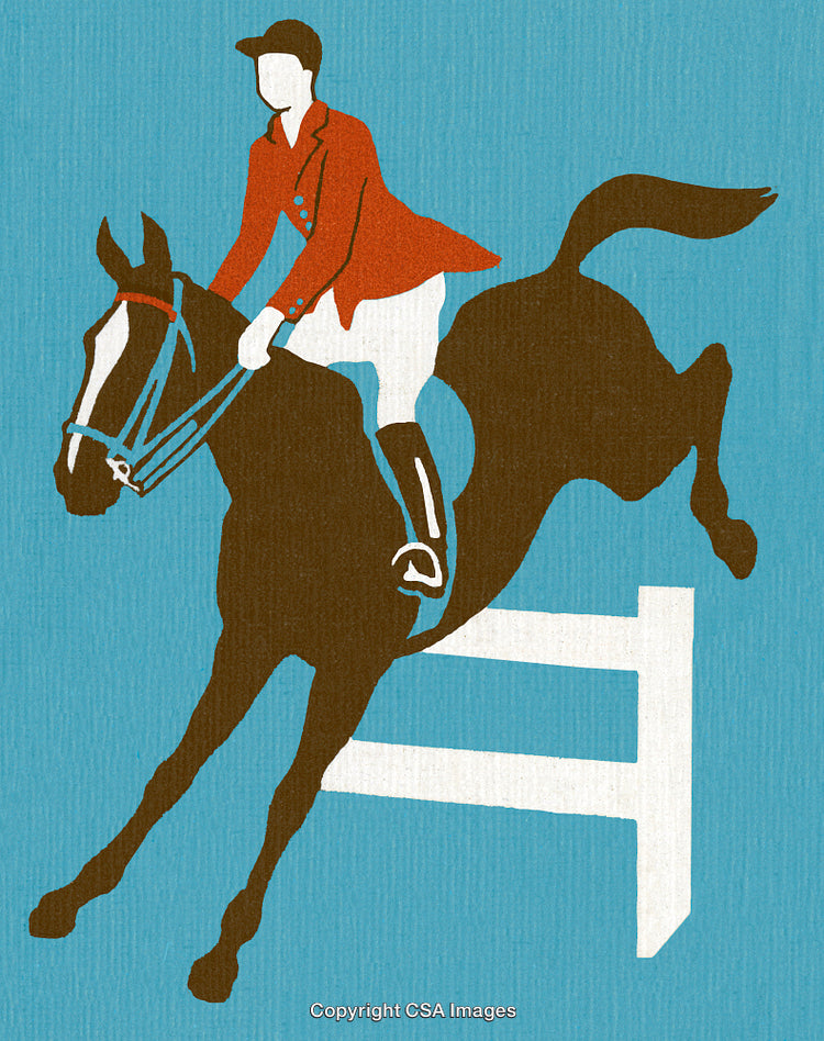 Equestrian Rider Jumping Horse Over Obstacle in Bold Art Style
