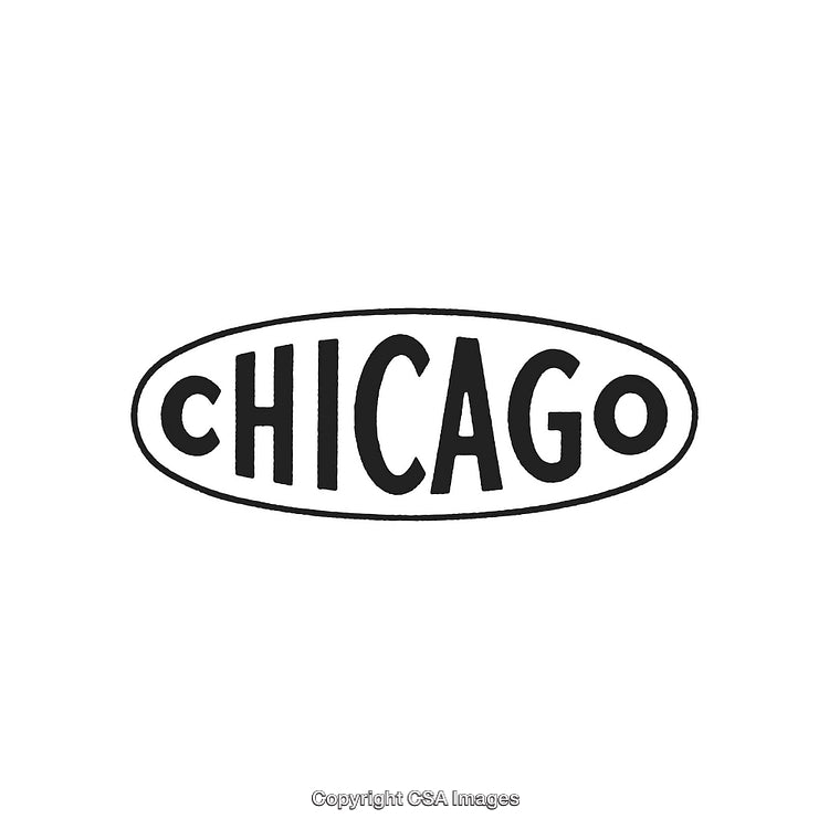 Black and White Chicago Text Logo with Oval Surround in Bold Lettering