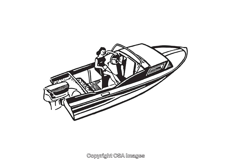 Black and White Illustration of a Woman on a Motorized Boat