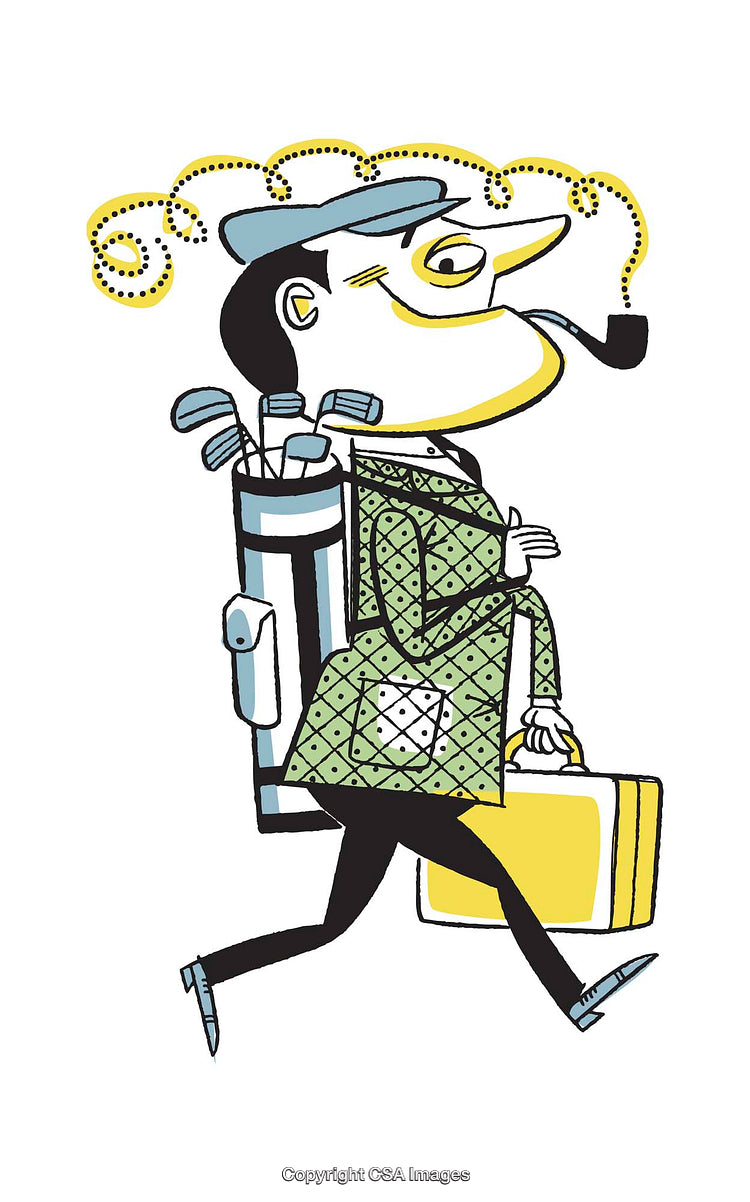 Stylized Illustration of a Man with a Suitcase and Golf Equipment