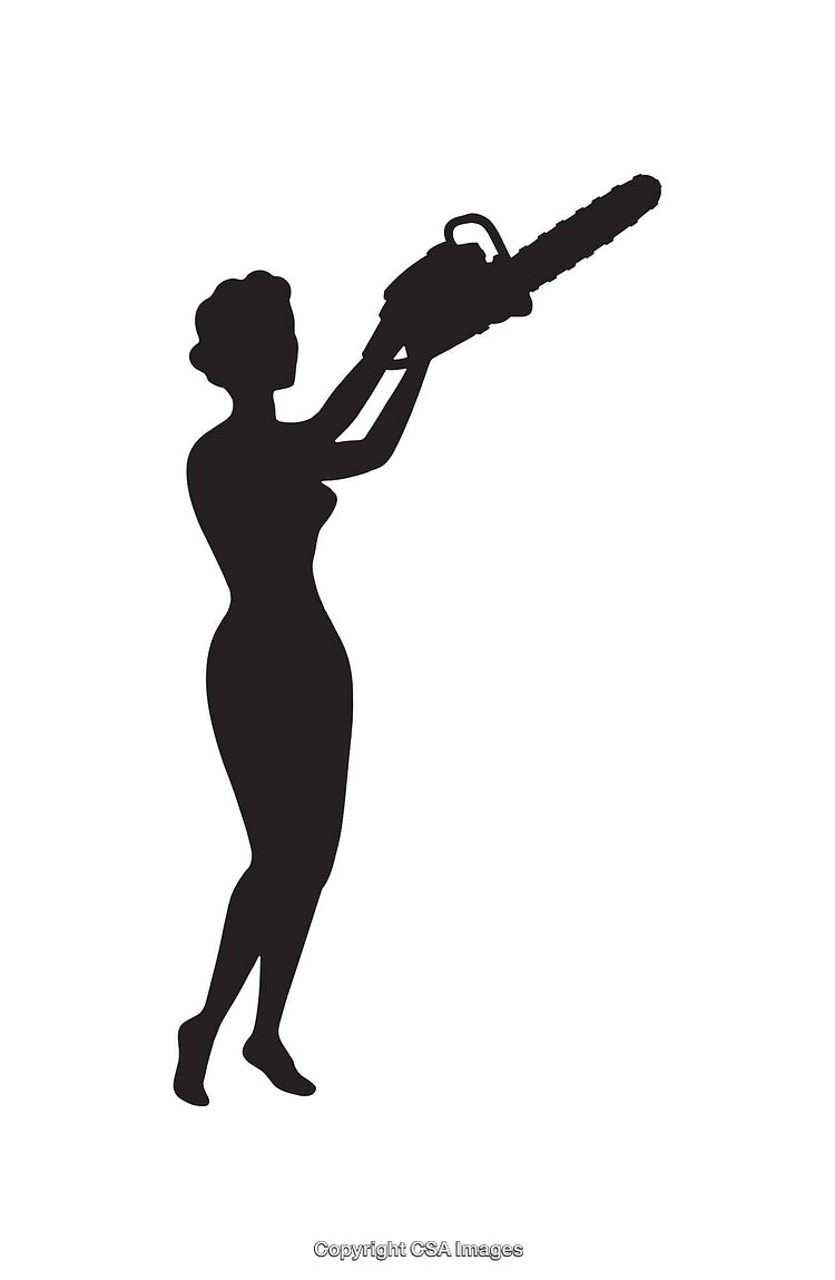 Black and White Silhouette Illustration of Person Holding Chainsaw