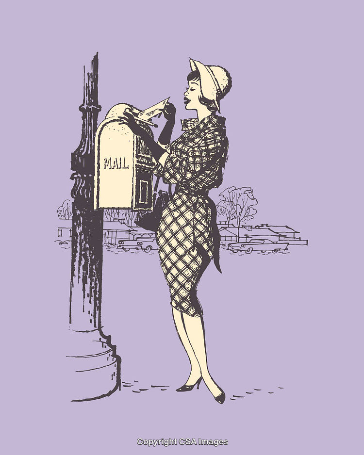 Retro Illustration of Woman Posting Letter in Mailbox