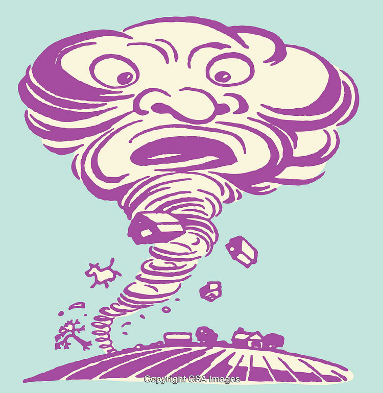 Colorful Illustration of a Tornado with Human Facial Expression Over a Field
