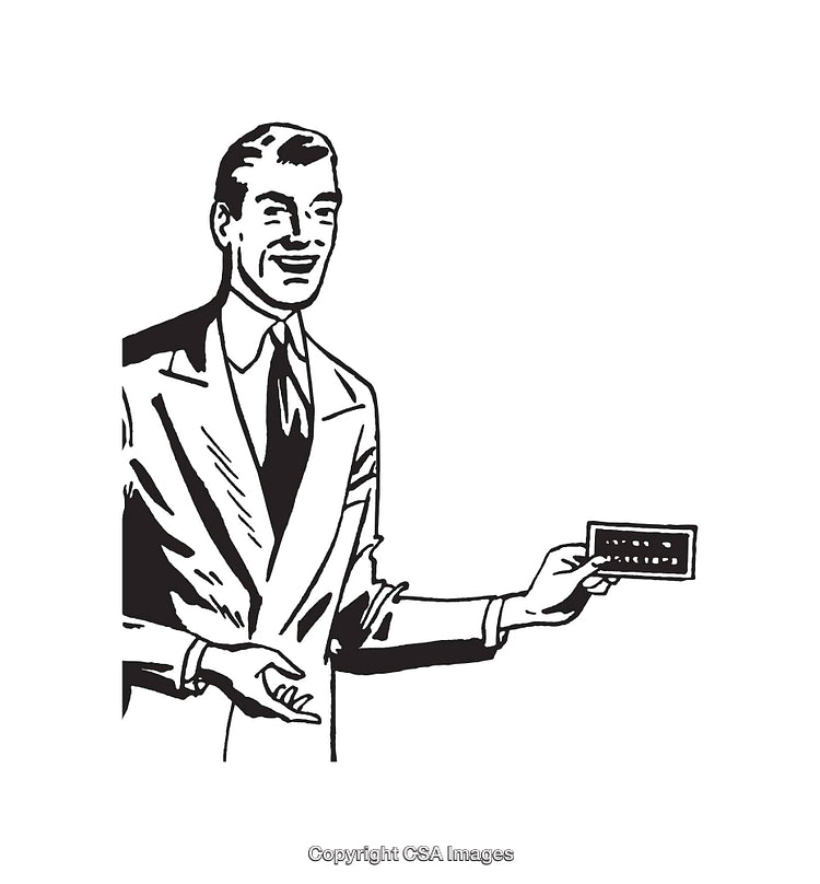 Vintage Businessman Presenting a Card in Black and White Illustration