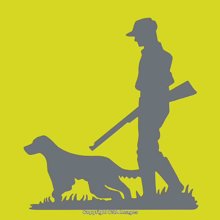 Hunter with Dog Silhouette Illustration on a Yellow Background