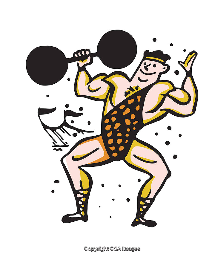 Colorful Illustrated Vintage Strongman Lifting Heavy Weights with Smile