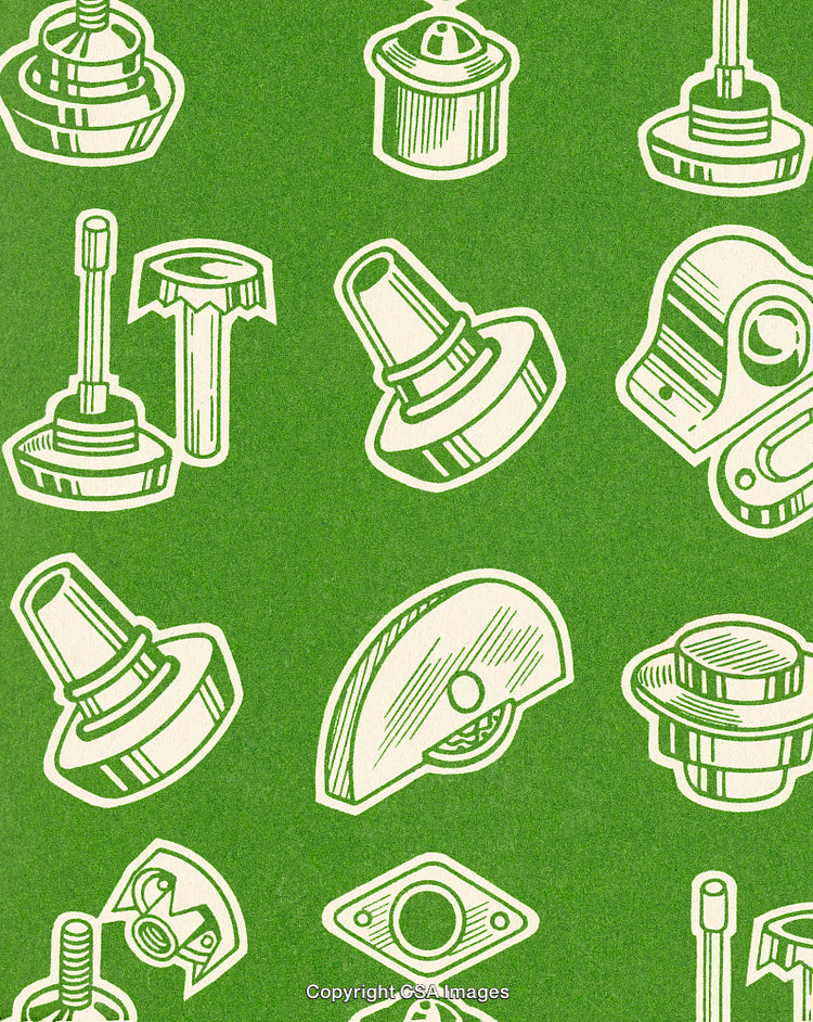 Seamless Pattern of Illustrated Machine Components on Green Background