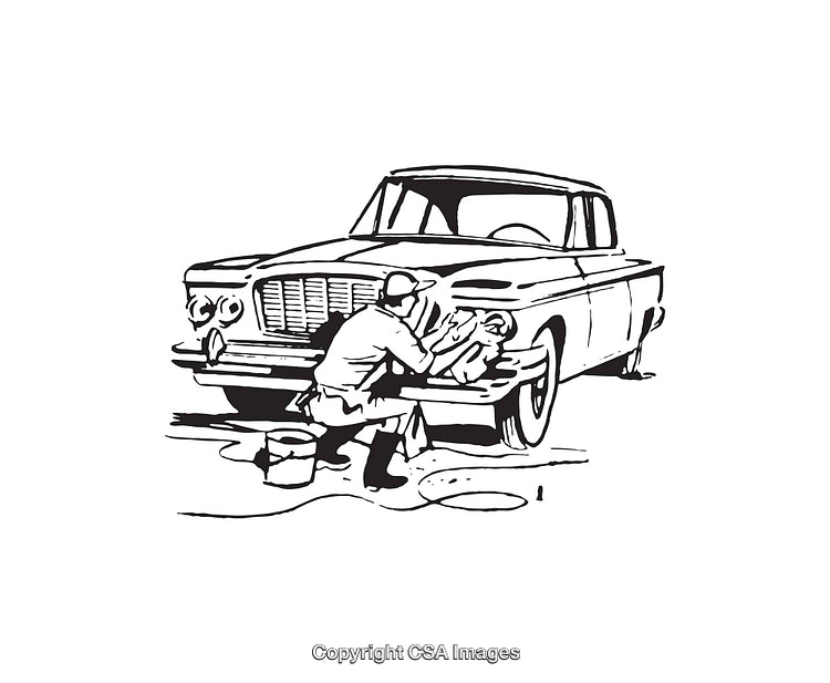 Vintage Line Art of Man Washing Classic Car in Black and White
