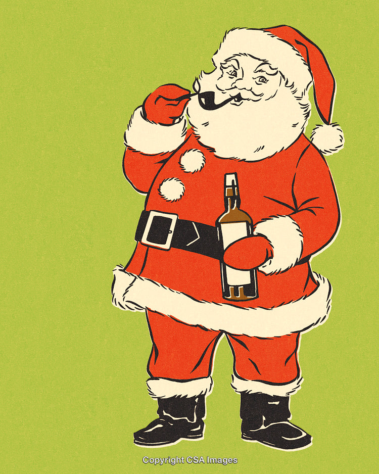 Vintage Santa Illustration Holding Bottle and Pipe on Green Background