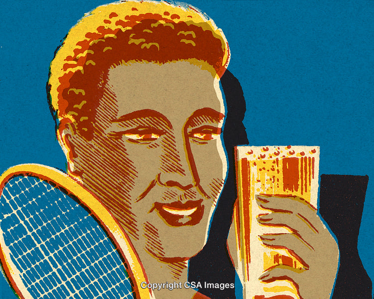 Retro Illustration of a Man With Tennis Racket and Refreshing Drink