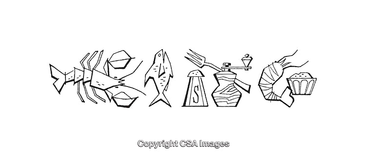 Black and White Line Art Design of Seafood and Dining Items