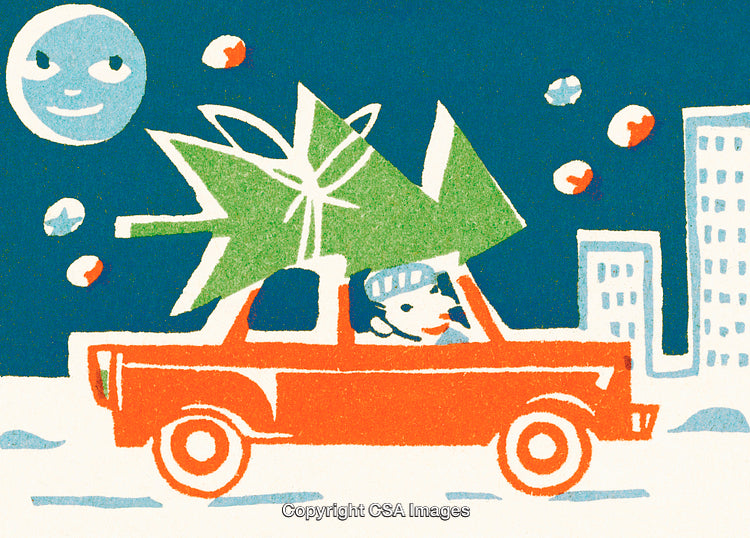 Illustration of Car Carrying Christmas Tree Through Festive Winter Cityscape