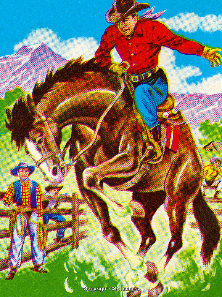 Dynamic Western Scene Depicting a Cowboy Riding a Bucking Horse