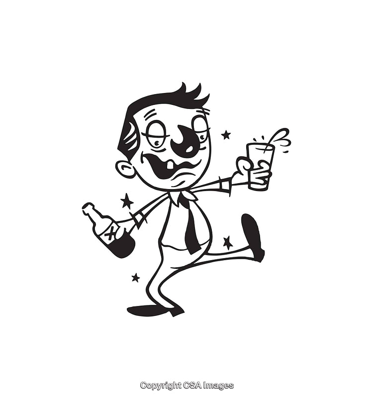 Humorous Black and White Line Art of Drunk Man Staggering with Bottle