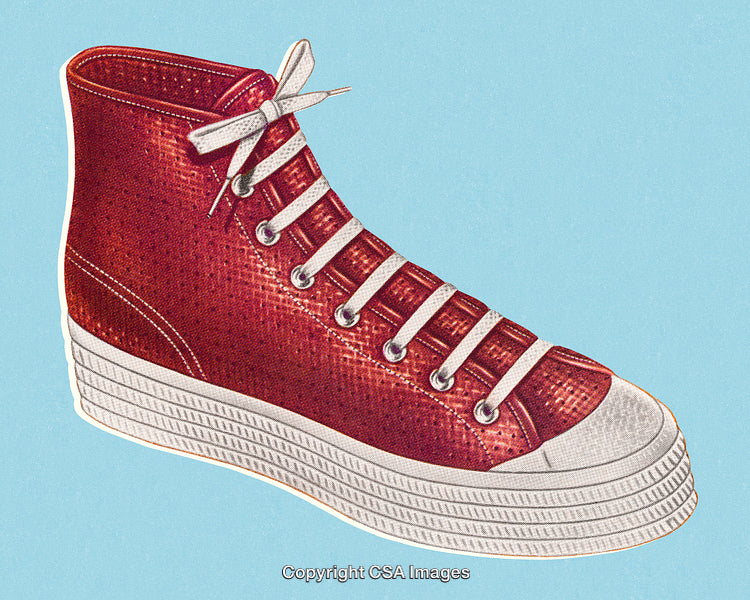 Red Canvas High-Top Sneaker With Blue Background in Retro Artwork Style