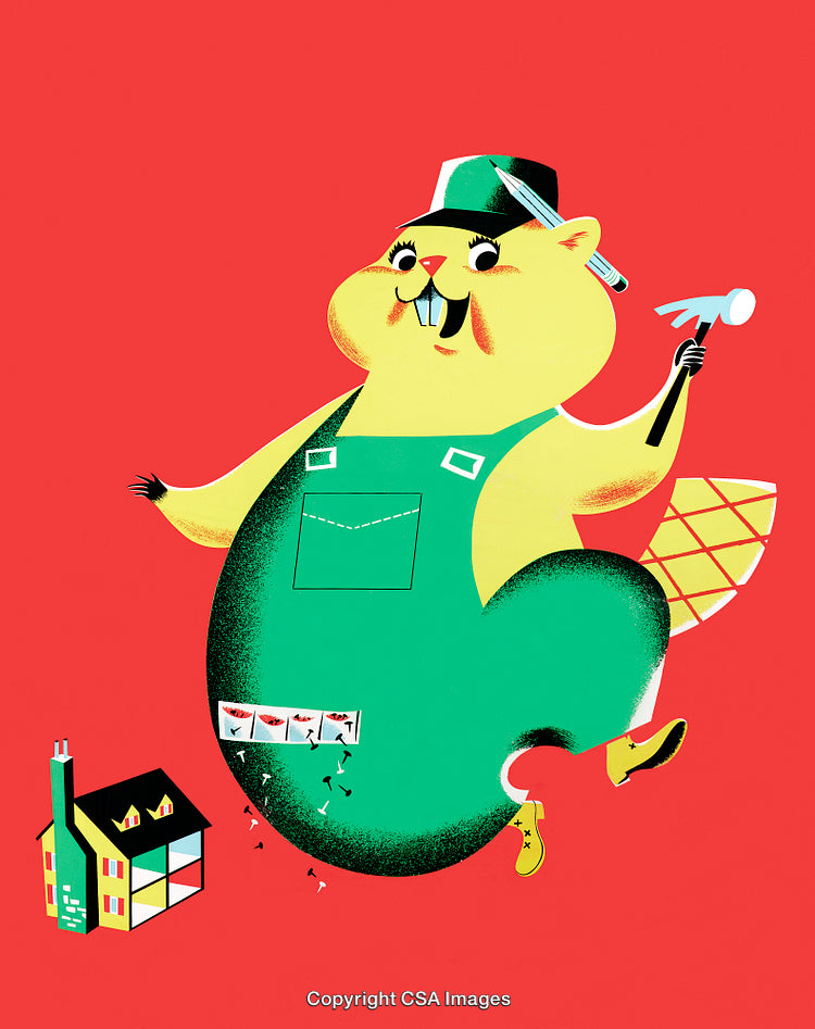 Cheerful Cartoon Beaver Carpenter In Overalls On Vibrant Red Background