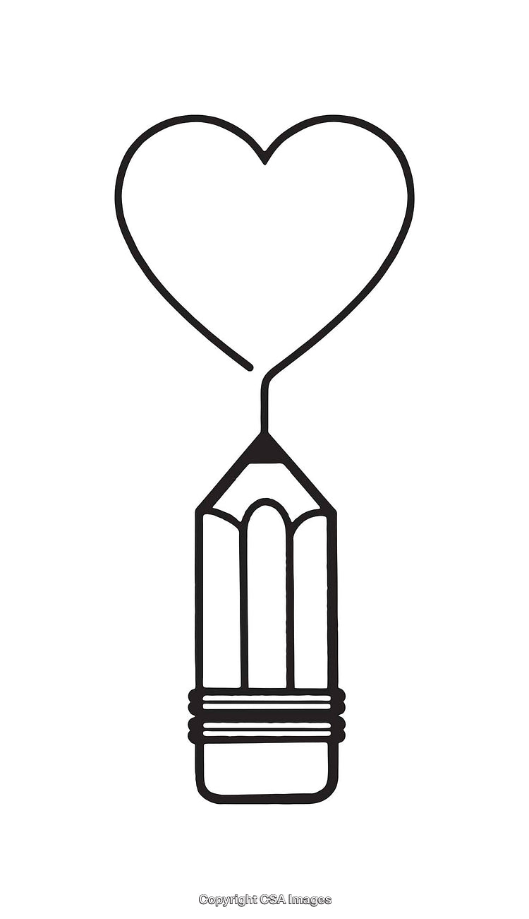 Black And White Line Art Illustration of Pencil with Heart Outline