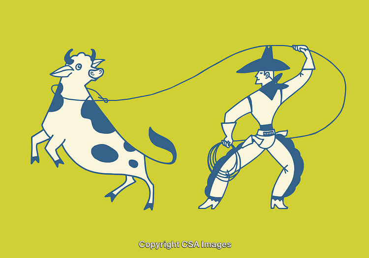 Cowboy Lassoing a Spotted Cow in Modern Line Art Style