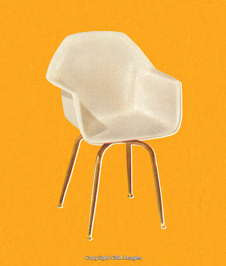 Modern White Chair with Retro Dot Screen Effect on Orange Background