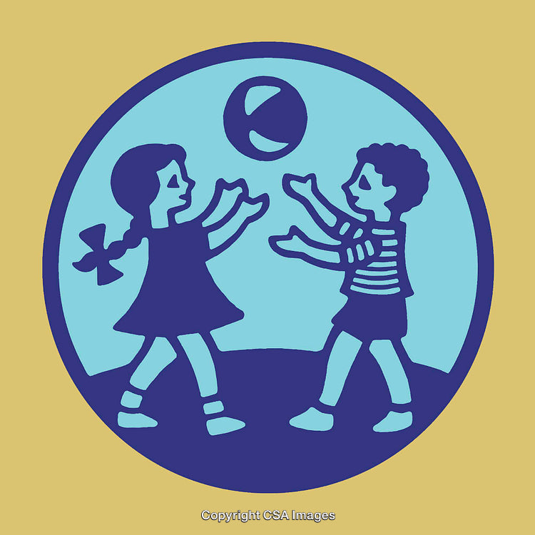 Colorful Illustration of Children Playing Ball in a Circular Design