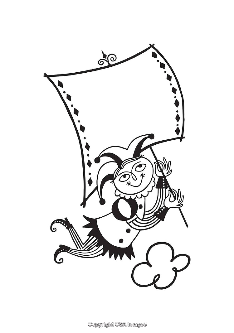 Black And White Line Art of A Jester With A Flag Illustration