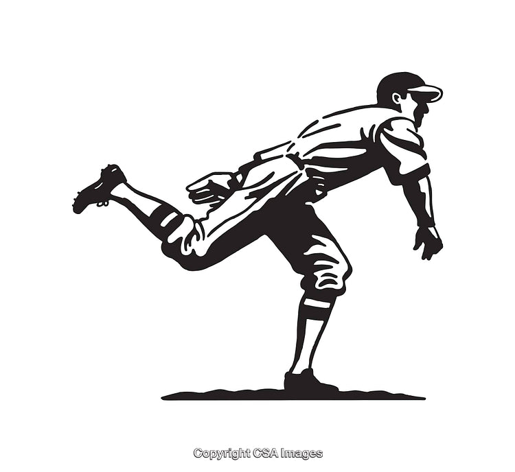 Vintage Baseball Player Throwing Pitch in Black and White Line Art