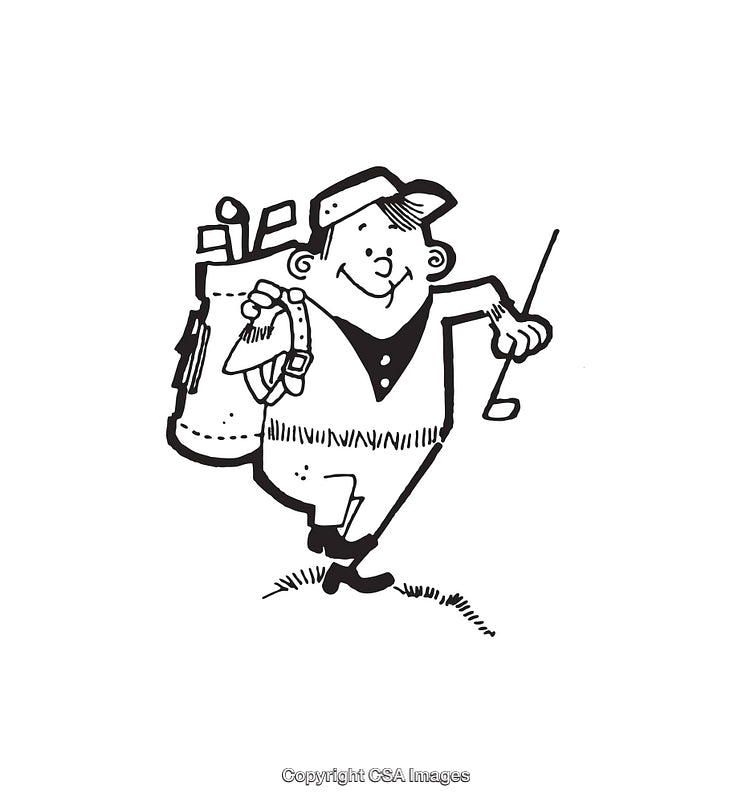 Cartoon Person Golfing with Clubs in a Black and White Illustration