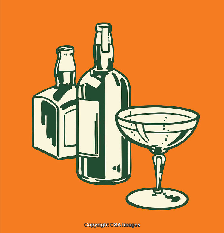 Colorful Line Art of Glassware and Bottles on Orange Background