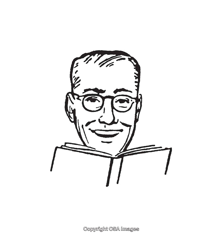 Black and White Line Drawing of a Man Smiling While Reading