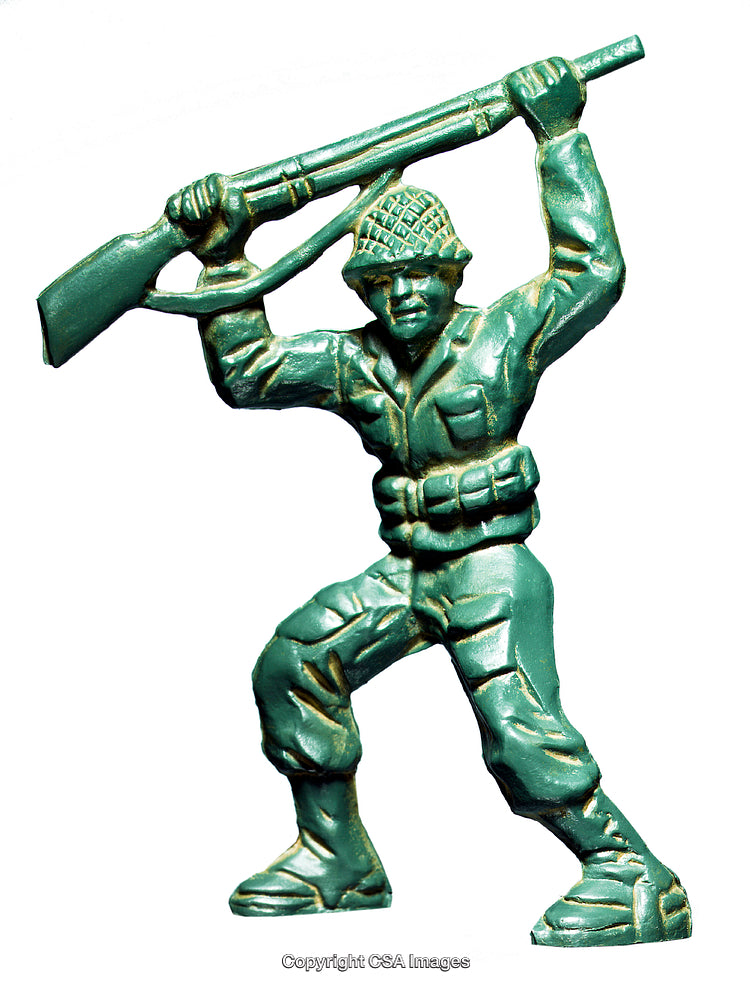 Green Plastic Toy Soldier Holding a Rifle in a Dramatic Pose