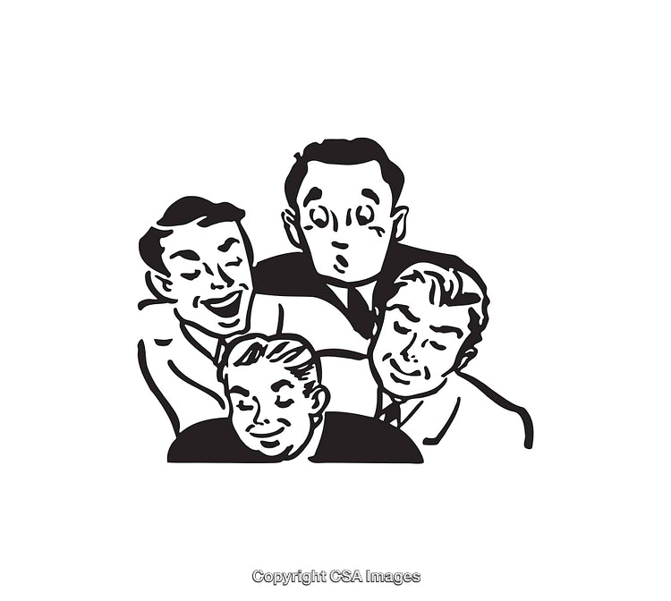 Black and White Line Art of Happy Group of Four Faces